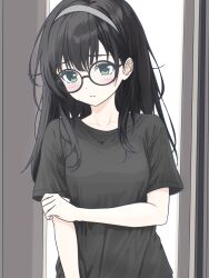  1girl absurdres alternate_hairstyle arm_at_side black-framed_eyewear black_hair black_shirt closed_mouth commentary_request crew_neck dot_nose gloves grey_hairband hair_down hairband hanakuma_chifuyu hand_on_own_arm highres long_hair looking_at_viewer raised_inner_eyebrows round_eyewear shirt short_sleeves shy solo straight_hair synthesizer_v t-shirt upper_body v-lab 