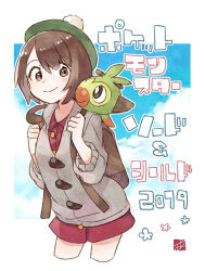  1girl 2019 ark_kan backpack bag blush brown_eyes brown_hair cardigan clouds commentary_request copyright_name cropped_legs dress flower_symbol gloria_(pokemon) green_hat grey_cardigan grookey hat on_shoulder pokemon pokemon_(creature) pokemon_on_shoulder pokemon_sword_and_shield pom_pom_(clothes) red_dress short_hair sky tam_o'_shanter translation_request 