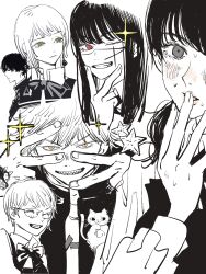  2boys 4girls black_ribbon blinking blush cat chainsaw_man closed_eyes collared_shirt commentary denji_(chainsaw_man) earrings english_commentary fami_(chainsaw_man) finger_to_own_chin fourth_east_high_school_uniform hand_to_own_mouth highres jacket jewelry light_smile long_sleeves looking_at_viewer looking_to_the_side medium_hair mitaka_asa monochrome multiple_boys multiple_girls neck_ribbon needbee_r nose_blush open_clothes open_jacket partially_colored red_eyes ribbon ringed_eyes scar scar_on_cheek scar_on_face scar_on_nose school_uniform sharp_teeth shirt sidelocks smile star_(symbol) starfish sweatdrop tassel tassel_earrings teeth v yellow_eyes yoru_(chainsaw_man) yoshida_hirofumi yuko_(chainsaw_man) 