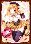  blonde_hair boots charlotte_(madoka_magica) drill_hair fingerless_gloves gloves hat magical_girl mahou_shoujo_madoka_magica pointing sadakofxe thigh-highs thighhighs tomoe_mami twintails vertical-striped_legwear vertical_stripes wink yellow_eyes 