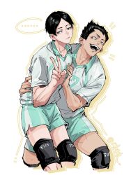  ... 2boys adam's_apple aoba_johsai_volleyball_uniform aqua_shorts black_hair blue_eyes closed_mouth commentary_request fingernails haikyuu!! hand_on_another's_back highres kindaichi_yuutarou knee_pads kunimi_akira looking_at_viewer male_focus multiple_boys open_mouth shirt short_hair shorts simple_background spoken_ellipsis standing v white_background white_shirt yuan_jessie0430 
