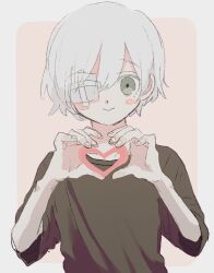  1boy :> black_shirt blush_stickers border caesita8tb commentary_request crew_neck gauze gauze_over_eye green_eyes hair_between_eyes hair_over_one_eye heart heart_hands highres looking_at_viewer male_focus original pink_background rounded_corners shirt short_hair sidelocks skinny smile solo straight-on three-quarter_sleeves upper_body white_border white_hair 