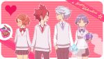  hair_tubes hand_holding happy_valentine hasuike_an heart holding holding_gift holding_hands inazuma_eleven inazuma_eleven_(series) kurakake_clara nagumo_haruya otemoto rounded_corners school_uniform short_hair spoken_food spoken_object striped striped_background suzuno_fuusuke tsundere valentine 