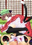  black_legwear black_thighhighs blazblue bloomers brown_eyes brown_hair cat_ears cat_tail chen crossover earrings hat highres jewelry kaka_kittens mary_janes multiple_tails natsu_dora shoes short_hair tail tatami thigh-highs thighhighs touhou 