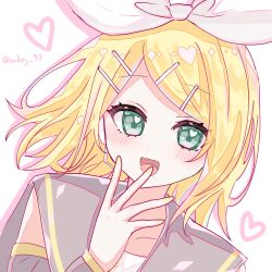  1girl black_sailor_collar black_sleeves blonde_hair bow commentary detached_sleeves green_eyes hair_bow hair_ornament hairclip headphones headset heart heart_in_eye highres kagamine_rin looking_at_viewer open_mouth orkaj_93 parallel_hairclips sailor_collar short_hair symbol_in_eye untranslatable_commentary vocaloid white_bow yellow_nails yellow_trim 