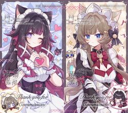  2girls :/ ;) alternate_costume ameoto_00 animal_ears black_bow black_dress black_hair blue_eyes blush bow bowtie breasts bright_pupils brown_hair cat_ears cat_girl closed_mouth columbina_(genshin_impact) commentary_request dress enmaided frilled_hairband frilled_wrist_cuffs frills genshin_impact gloves hair_ornament hairband hand_on_own_arm hands_up heart heart_hands highres juliet_sleeves kemonomimi_mode long_hair long_sidelocks long_sleeves looking_at_viewer maid maid_headdress medium_breasts multicolored_hair multiple_girls one_eye_closed puffy_sleeves purple_bow purple_hair red_bow red_bowtie sandrone_(genshin_impact) short_hair_with_long_locks sidelocks small_sweatdrop smile unusually_open_eyes very_long_hair violet_eyes white_gloves white_hairband white_wrist_cuffs wing_hair_ornament wrist_cuffs 