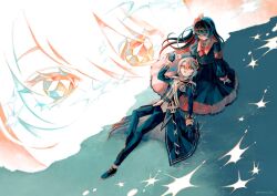  2girls aiguillette armband artist_name beach belt black_capelet black_coat black_gloves black_hair black_shirt black_skirt blonde_hair capelet closed_mouth coat collared_shirt commentary_request crown curtained_hair diamond_hair_ornament epaulettes flower gloves hair_flower hair_ornament hasumi_leia high_collar highres hoyama_hoya interlocked_fingers layered_skirt long_hair long_skirt long_sleeves looking_at_another lying mahou_shoujo_no_majo_saiban multiple_girls necktie nikaido_hiro open_mouth parted_bangs pleated_skirt red_armband red_eyes red_flower red_necktie red_skirt sash scabbard sheath shirt shore short_hair shoulder_sash side_capelet signature skirt twitter_username water white_gloves white_shirt yellow_eyes 