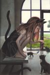  barefoot bench black_dress brown_hair cat cat_ears cat_tail copyright_request dress glass_door grass hair_ribbon jewelry murata_renji necklace ribbon solo squatting strap_slip sundress tail window windows 