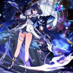  1girl absurdres ahoge arm_scarf bare_shoulders blush bug butterfly closed_mouth commentary_request dress earrings gloves hair_between_eyes highres holding holding_scythe honkai:_star_rail honkai_(series) honkai_impact_3rd jewelry kurogoma_(meganegurasan) long_hair purple_butterfly purple_hair purple_scarf scarf scarf_choker scythe seele_(honkai:_star_rail) short_hair smile solo standing thighs violet_eyes 