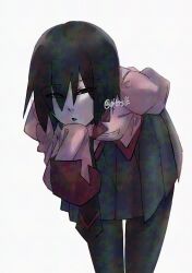  1girl :< absurdres artist_name bent_over black_eyes black_hair black_necktie black_pantyhose black_skirt bob_cut breasts collared_shirt commentary dress_shirt feet_out_of_frame fractal hair_over_one_eye hatahata_(okkrslk) highres juliet_sleeves leaning_forward long_sleeves looking_at_viewer monogatari_(series) naoetsu_high_school_uniform narrowed_eyes necktie oshino_ougi pale_skin pantyhose parted_lips pink_shirt pleated_skirt puffy_long_sleeves puffy_sleeves red_trim school_uniform shirt short_hair signature simple_background skirt sleeves_past_fingers sleeves_past_wrists small_breasts solo twitter_username white_background 