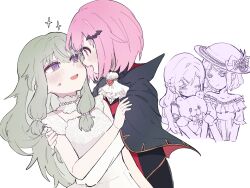  2girls ascot black_cape blush cape commentary dress eye_contact fang green_hair hand_on_another's_arm hat highres kusanagi_nene long_hair looking_at_another multiple_girls ootori_emu open_mouth pink_eyes pink_hair project_sekai ryu_kasuis short_hair simple_background smile sparkle stuffed_animal stuffed_toy sweatdrop teddy_bear vampire violet_eyes white_ascot white_background white_dress yuri 