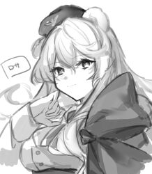  1girl animal_ears arknights bear_ears bear_girl bow commentary_request gomago_magoma greyscale hair_between_eyes hand_to_own_mouth hat highres jacket long_hair looking_at_viewer monochrome necktie rosa_(arknights) shirt simple_background sketch solo white_background white_hair white_jacket white_shirt 