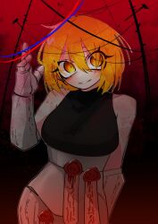  1girl armor black_shirt blonde_hair blood blood_in_hair breasts commentary_request cowboy_shot don_quixote_(project_moon) goldenappl88869 gradient_background highres korean_commentary looking_at_viewer n_corp._fanatic_(identity)_(project_moon) parted_lips red_background shirt short_hair sleeveless smile wax_seal yellow_eyes 