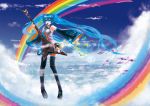  ahoge blue_eyes blue_hair boots cloud clouds detached_sleeves guitar hatsune_miku headset ilmkilt instrument left-handed long_hair musical_note necktie rainbow skirt sky solo thigh-highs thigh_boots thighhighs twintails very_long_hair vocaloid 