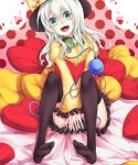  :d alternate_hairstyle aqua_eyes black_legwear covering covering_crotch green_eyes hat heart heart_pillow highres komeiji_koishi long_hair open_mouth pillow ryou_(pixiv779953) ryou_(rmssre3783) silver_hair sitting smile solo thigh-highs thighhighs touhou v_arms 