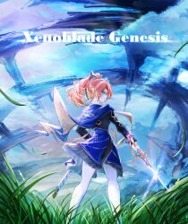  1girl absurdres black_ribbon blue_capelet blue_eyes blue_skirt blue_sky capelet clouds cloudy_sky commentary_request from_behind grass hair_ribbon highres holding holding_sword holding_weapon hyouri00 light_particles long_sleeves pantyhose pink_hair pointy_ears ponytail protagonist_(xenoblade_genesis) ribbon school_uniform short_hair skirt sky sword tall_grass weapon white_pantyhose xenoblade_chronicles_(series) xenoblade_genesis 