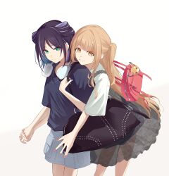  2girls 89_hakuuuuu bag black_bag black_dress blonde_hair blue_hair blue_nails blue_shorts brown_eyes cargo_shorts cho_kaguya-hime! colored_inner_hair commentary_request cone_hair_bun dress hair_bun headphones headphones_around_neck highres holding_hands interlocked_fingers inudoge kaguya_(cho_kaguya-hime!) kaguya_(wego)_(cho_kaguya-hime!) long_hair multicolored_hair multiple_girls nail_polish one_side_up open_mouth pinafore_dress pink_bag pink_nails purple_hair sakayori_iroha sakayori_iroha_(wego) see-through_clothes see-through_dress shirt short_hair shorts shoulder_bag simple_background sleeveless sleeveless_dress white_background white_shirt yuri 