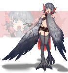  +_+ 1girl alwaysdoodlin animal_ears artist_name bangs bare_shoulders bird_ears bird_legs bird_tail blue_eyes blush brown_shorts commentary commission cut-in digitigrade english_commentary eyebrows_visible_through_hair feathered_wings feathers grey_feathers grey_hair hand_to_own_mouth harpy head_feathers highres midriff monster_girl multicolored_hair navel open_mouth original red_feathers redhead shadow short_hair short_shorts shorts solo sparkling_eyes tail_feathers talons two-tone_hair white_background wings 