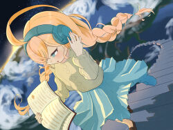  1girl blonde_hair blue_skirt book braid braided_twintails brown_shoes commentary dazbee earth_(planet) emezame hand_on_headphones headphones highres holding indie_utaite long_hair long_sleeves low_twintails planet pleated_skirt reading shoes skirt solo space stairs sweater twin_braids twintails 