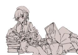  2girls absurdres beret book choker closed_mouth coat collared_coat collared_shirt crown flower flower-trimmed_shorts flower-trimmed_sleeves gloves hair_flower hair_ornament hat hat_flower hat_ribbon highres holding holding_book long_hair long_skirt long_sleeves lying_on_lap lying_on_person mahou_shoujo_no_majo_saiban monochrome multiple_girls neck_ribbon necktie nikaido_hiro open_book pink_eyes puffy_sleeves reading red_eyes ribbon sakuraba_ema shirt short_hair side_capelet simple_background skirt sleeveless sleeveless_coat souya_(phi6os) white_background white_hair white_shirt x_hair_ornament 