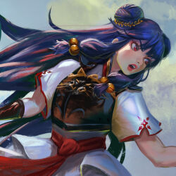  1girl artist_name bell bixclowart chinese_clothes cropped double_bun hair_bell hair_bun hair_ornament long_hair open_mouth purple_hair ranma_1/2 red_eyes shampoo_(ranma_1/2) sidelocks 