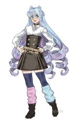 1boy absurdres alternate_costume black_choker black_skirt blue_eyes blue_hair blue_leg_warmers blue_thighhighs choker cone_hair_bun crossdressing crossdressing_(mtf) drill_hair fire_emblem fire_emblem:_three_houses fire_emblem_engage garreg_mach_monastery_uniform hair_bun hair_horns hands_on_own_hips high-waist_skirt highres juicet1n leg_warmers long_hair looking_at_viewer male_focus multicolored_hair multicolored_socks pink_hair pink_leg_warmers quad_drills rosado_(fire_emblem) shirt skirt socks solo thigh-highs trap very_long_hair white_shirt 
