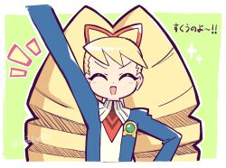 1girl amacyder arm_up artist_name blonde_hair bow closed_eyes drill_hair hair_bow highres long_hair luna_platz_(mega_man) mega_man_(series) mega_man_star_force_(series) orange_bow smile twin_drills very_long_hair 