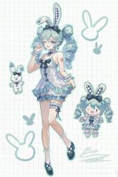  1girl animal_ears black_bow black_bowtie black_shoes bow bowtie chibi chibi_inset chinese_commentary commentary_request dress drill_hair earrings footwear_bow frilled_dress frilled_socks frilled_wrist_cuffs frills garter_belt grid_background hair_bow hatsune_miku highres holding_own_dress jewelry memory_mie multiple_views one_eye_closed open_mouth page_number rabbit rabbit_ears shoes shoulder_tattoo sleeveless sleeveless_dress socks spaghetti_strap stuffed_animal stuffed_toy tattoo twin_drills vocaloid white_dress white_socks wrist_cuffs 
