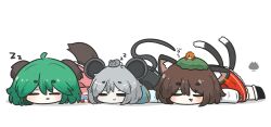  3girls :3 ahoge animal_ears animal_on_head animalization arthropod_girl black_shoes black_skirt blush brown_hair cat_ears cat_girl cat_tail chen closed_eyes closed_mouth commentary_request crab crab_girl crab_on_head deformed dress full_body green_hair green_hat grey_hair hair_between_eyes hat highres kasodani_kyouko long_sleeves lying medium_hair mouse_(animal) mouse_ears mouse_tail multiple_girls multiple_tails nazrin on_head on_stomach open_mouth parted_lips pink_dress red_skirt remilia_scarlet sea_urchin shadow shirt shoes short_eyebrows simple_background skirt sleeping smile socks spoken_zzz tail thick_eyebrows toramaru_shou touhou uni_souchou white_background white_shirt white_socks zzz 