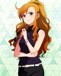  1girl belt black_pants blue_eyes bracelet butterfly_earrings card_commentary closed_mouth commentary_request cowboy_shot cowlick crescent crescent_necklace earrings game_asset hand_on_own_elbow hand_up heterochromia holding holding_removed_eyewear idolmaster idolmaster_(classic) idolmaster_million_live! idolmaster_million_live!_theater_days idolmaster_one_for_all jewelry leon_(idolmaster) long_hair multiple_bracelets necklace official_art orange_hair pants pink_eyes ponytail purple_shirt shirt single_earring sleeveless sleeveless_shirt sleeveless_turtleneck solo standing sunglasses third-party_source turtleneck turtleneck_shirt unworn_eyewear white_belt 