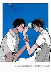  2boys black_hair blue_sky border c138300 doumeki_shizuka dress_shirt english_text from_side glasses hand_on_another's_arm highres holding holding_ice_cream_cone ice_cream_cone male_focus multiple_boys outside_border round_eyewear shirt short_hair short_sleeves sky upper_body watanuki_kimihiro white_border white_shirt xxxholic 