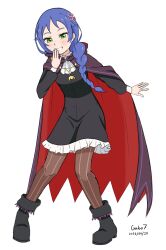  1girl artist_name black_shoes blue_hair braid cape commentary_request dated full_body gabo7 green_eyes grin hair_ornament hand_to_own_mouth highres long_hair long_sleeves looking_at_viewer meili_portroute pantyhose re:zero_kara_hajimeru_isekai_seikatsu red_cape shoes simple_background smile solo standing striped_clothes striped_pantyhose vertical-striped_clothes vertical-striped_pantyhose white_background 