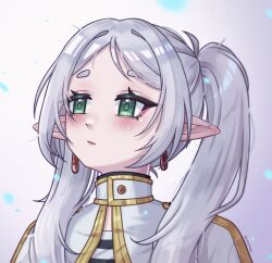  1girl blush capelet closed_mouth earrings elf frieren green_eyes grey_hair highres jewelry klmmox long_hair long_pointy_ears meme parted_bangs pointy_ears shirt simple_background solo sousou_no_frieren teardrop_earrings twintails upper_body upward_angle_frieren_drawing_(meme) white_capelet white_hair 
