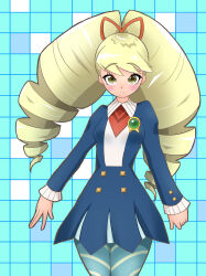  1girl absurdres big_hair blonde_hair blue_pantyhose blush breasts closed_mouth commentary_request drill_hair highres long_hair looking_at_viewer luna_platz_(mega_man) mega_man_(series) mega_man_star_force_(series) pantyhose ribbon skirt smile solo striped_clothes striped_pantyhose twin_drills twintails yaibaaan 