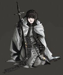  1girl black_eyes black_hair braid cloak gloves highres looking_at_viewer original scabbard scar scar_on_face schellergheist sheath sword vestments weapon white_cloak 