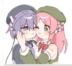  2girls 522_2536 arm_tattoo cheek-to-cheek detached_sleeves dress green_dress green_eyes heads_together hug momone_momo multiple_girls necktie pink_hair purple_hair purple_necktie robot_ears tattoo utane_uta utau violet_eyes yuri 
