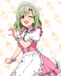  1girl :d ;d apron bow bowtie butterfly_necklace card_commentary commentary_request cowboy_shot dress game_asset green_hair grey_eyes half-heart_hands idolmaster idolmaster_(classic) idolmaster_million_live! idolmaster_million_live!_theater_days idolmaster_stella_stage jewelry looking_at_viewer maid_headdress medium_hair necklace official_alternate_costume official_art one_eye_closed open_mouth pink_bow pink_bowtie pink_dress pretty_waitress_(idolmaster) puffy_short_sleeves puffy_sleeves shiika_(idolmaster) short_sleeves smile solo standing third-party_source waist_apron white_apron wrist_cuffs 