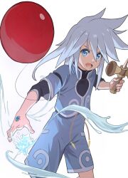  black_shirt blue_eyes blue_jacket blue_shoes blue_shorts casting_spell commentary_request cropped_jacket genis_sage hydrokinesis jacket kendama lifedezangi long_bangs looking_at_viewer open_mouth serious shirt shoes shorts sidelocks tales_of_(series) tales_of_symphonia teeth undershirt water white_background white_hair 