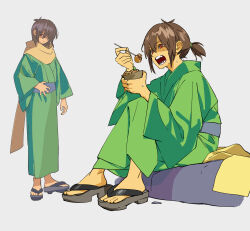  1other androgynous brown_hair deltarune eating food full_body green_kimono hair_over_one_eye highres japanese_clothes kimono kris_(deltarune) lantern_madoyoi long_scarf looking_at_viewer partially_shaded_face ponytail red_eyes sandals scarf short_ponytail sitting takoyaki unworn_scarf utdr_(toby_fox) yellow_scarf 