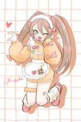  5_inaba apron blue_eyes brown_hair commentary_request fang grid_background hair_ornament hair_ribbon half-heart_hands heart highres jacket jersey_maid looking_at_viewer loose_socks maid maid_apron maid_headdress marta_lualdi one_eye_closed open_mouth orange_jacket red_ribbon ribbon shoes smile sneakers socks tales_of_(series) tales_of_symphonia tales_of_symphonia_knight_of_ratatosk track_jacket twintails twitter_username unconventional_maid white_background 