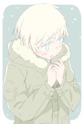  1girl averting_eyes blonde_hair blue_dress blue_eyes blush border coat commentary_request dress fur-trimmed_coat fur_trim green_background green_coat highres hood hood_down hooded_coat kantai_collection long_sleeves nose_blush open_mouth outside_border rounded_corners shirt short_hair sidelocks snow solo upper_body wachi_(hati1186) warming_hands white_border white_shirt winter winter_clothes z1_leberecht_maass_(kancolle) 