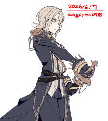  1girl aiguillette artist_name belt black_coat black_gloves blonde_hair closed_mouth coat commentary_request cowboy_shot curtained_hair dated dogeyama_um epaulettes gloves hair_ornament hasumi_leia high_collar highres holding holding_sword holding_weapon long_sleeves mahou_shoujo_no_majo_saiban parted_bangs rapier sash scabbard sheath short_hair shoulder_sash signature simple_background solo sword twitter_username weapon white_background yellow_eyes 