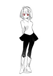  1girl antenna_hair arcueid_brunestud arms_behind_back boots breasts closed_mouth commentary_request dot_mouth full_body hair_between_eyes hair_intakes highres jewelry looking_at_viewer monochrome necklace numuhe pantyhose plaid_clothes plaid_skirt red_eyes short_hair sidelocks simple_background single_hair_intake skirt solo standing sweater tsukihime tsukihime_(remake) turtleneck turtleneck_sweater white_background 
