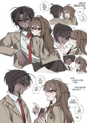  1boy 1girl aged_down ahoge blush braid brown_eyes brown_hair brown_jacket catherine_(project_moon) ckfurty161 commentary_request contemporary dark-skinned_male dark_skin half_up_braid heathcliff_(project_moon) hetero highres jacket kiss kissing_nose korean_commentary korean_text limbus_company open_mouth pleated_skirt project_moon school_uniform shirt skirt smile translation_request violet_eyes white_shirt 