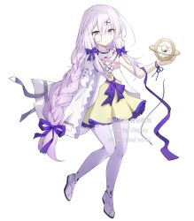  1girl absurdres arcaea armillary_sphere artist_name bare_shoulders braid closed_mouth collar commentary detached_collar dress frilled_collar frills full_body hair_between_eyes hair_ornament hair_ribbon highres lagrange_(arcaea) layered_dress long_hair looking_at_viewer low-tied_sidelocks monocle neck_ribbon purple_hair purple_ribbon ribbon side_cape sidelocks signature simple_background single_braid single_off_shoulder solo twitter_username violet_eyes watermark white_background yellow_dress yuquan1919 