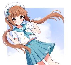  1girl blush brown_eyes brown_hair commentary_request flat_chest floating_hair hat highres holding_own_hair idolmaster idolmaster_cinderella_girls jia_wenyuan long_hair looking_at_viewer sailor_hat school_uniform serafuku smile solo twintails wind yorita_yoshino 