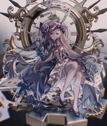  1girl absurdres alice_(arcaea) arcaea ascot black_ascot black_bow black_shoes blonde_hair blue_dress blue_eyes bow card clock commentary dress footwear_ribbon frilled_hairband frills full_body hair_between_eyes hairband hat hat_bow highres holding holding_card juliet_sleeves layered_dress lolita_fashion long_hair long_hair_between_eyes long_sleeves looking_at_viewer neck_ribbon open_mouth playing_card puffy_sleeves rei_rigel ribbon roman_numeral shoes solo thigh-highs white_dress white_hair white_thighhighs 