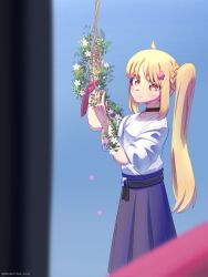  2girls blonde_hair blush bocchi_the_rock! commentary distortion_null doritos_hair_(meme) flower gotoh_hitori hair_flower hair_ornament highres ijichi_nijika jewelry long_hair looking_at_viewer meme multiple_girls pink_hair red_eyes ring self-upload shirt side_ponytail simple_background skirt smile white_shirt 