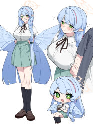  1boy 1girl absurdres black_socks blue_archive blue_hair blue_skirt blue_wings blush braid breasts brown_shoes chibi commentary_request feathered_wings full_body green_eyes halo hetero highres large_breasts long_hair looking_at_viewer low_wings mine_(blue_archive) multicolored_hair multiple_views open_mouth pointy_ears red_streaks seele0907 sensei_(blue_archive) shoes simple_background single_braid skirt smile socks streaked_hair very_long_hair white_background wings yellow_halo 