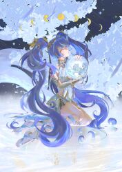  1girl absurdres ahoge armlet bare_shoulders blue_eyes blue_hair bracelet breasts commentary english_commentary greco-roman_clothes hair_belt highres holding holding_moon iuno_(wuthering_waves) jewelry laurel_crown leg_wrap long_hair looking_up medium_breasts moon_phases no_shoes reflection shengchl shooting_star sitting sky solo star_(sky) starry_sky tacet_mark_(wuthering_waves) twintails water wuthering_waves yokozuwari 